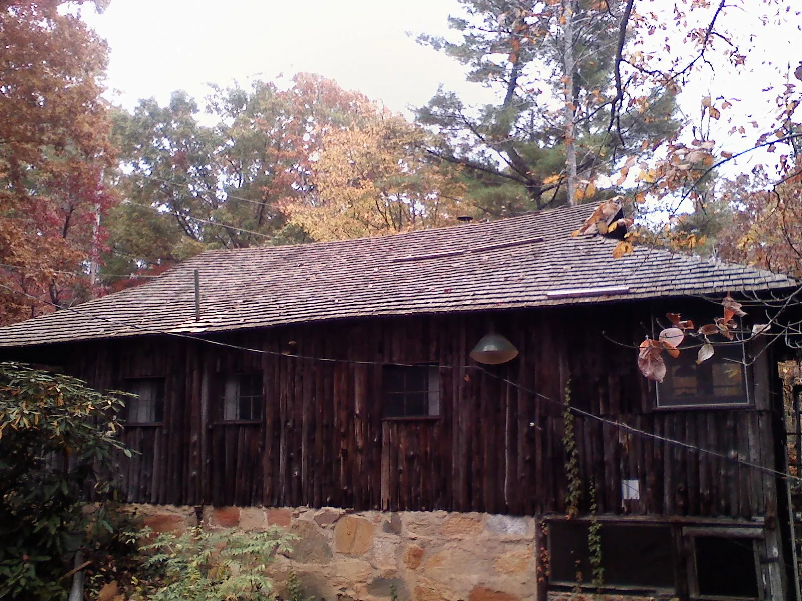 Weathered wood shake roof on a rustic board sided cabin in Spencer